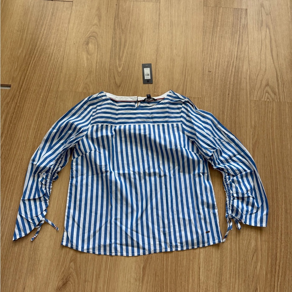 Tommy Hilfiger Blue and White Striped Long Sleeve Blouse size L women NEW